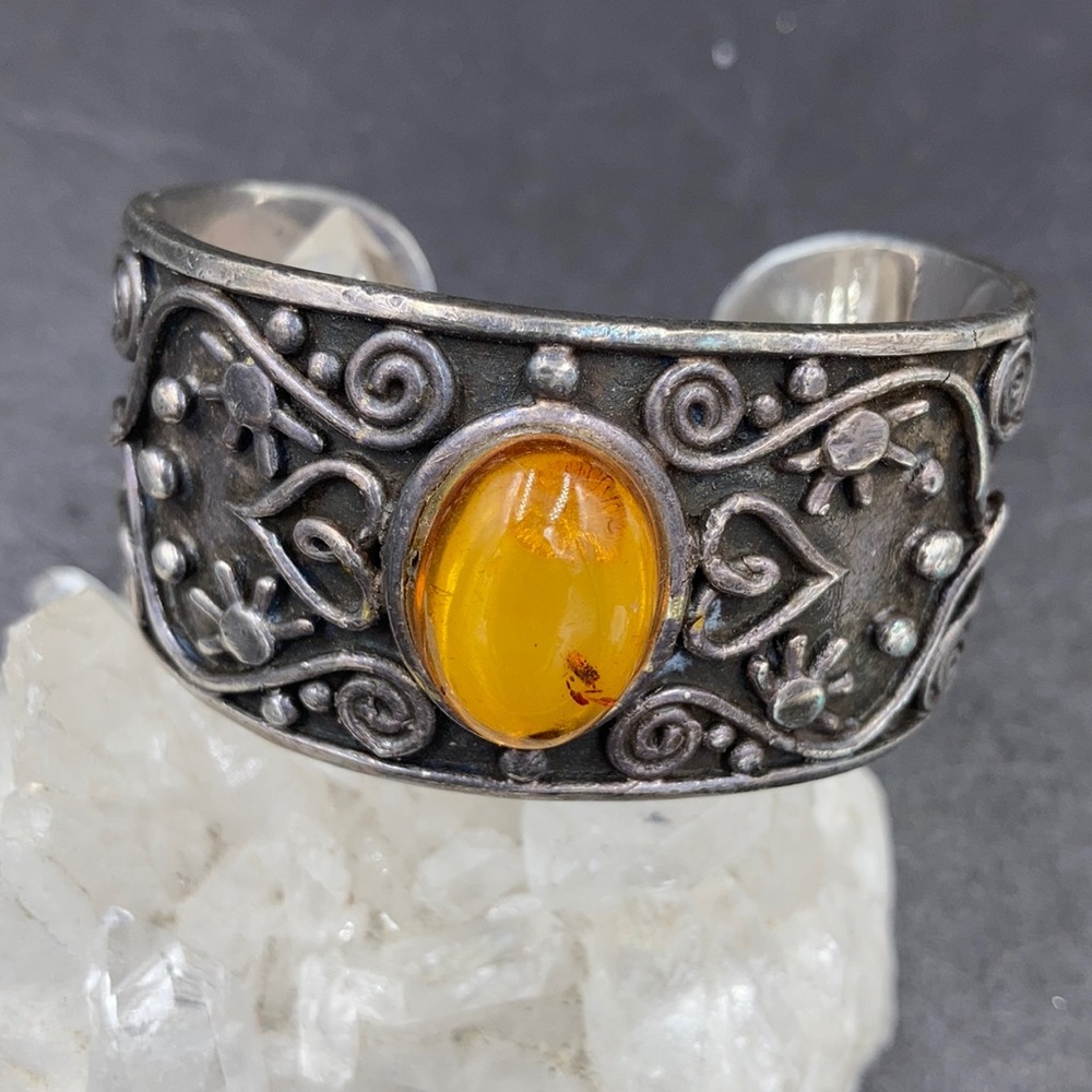 Massive Vintage Sterling Amber Mediterranean Cuff Bracelet